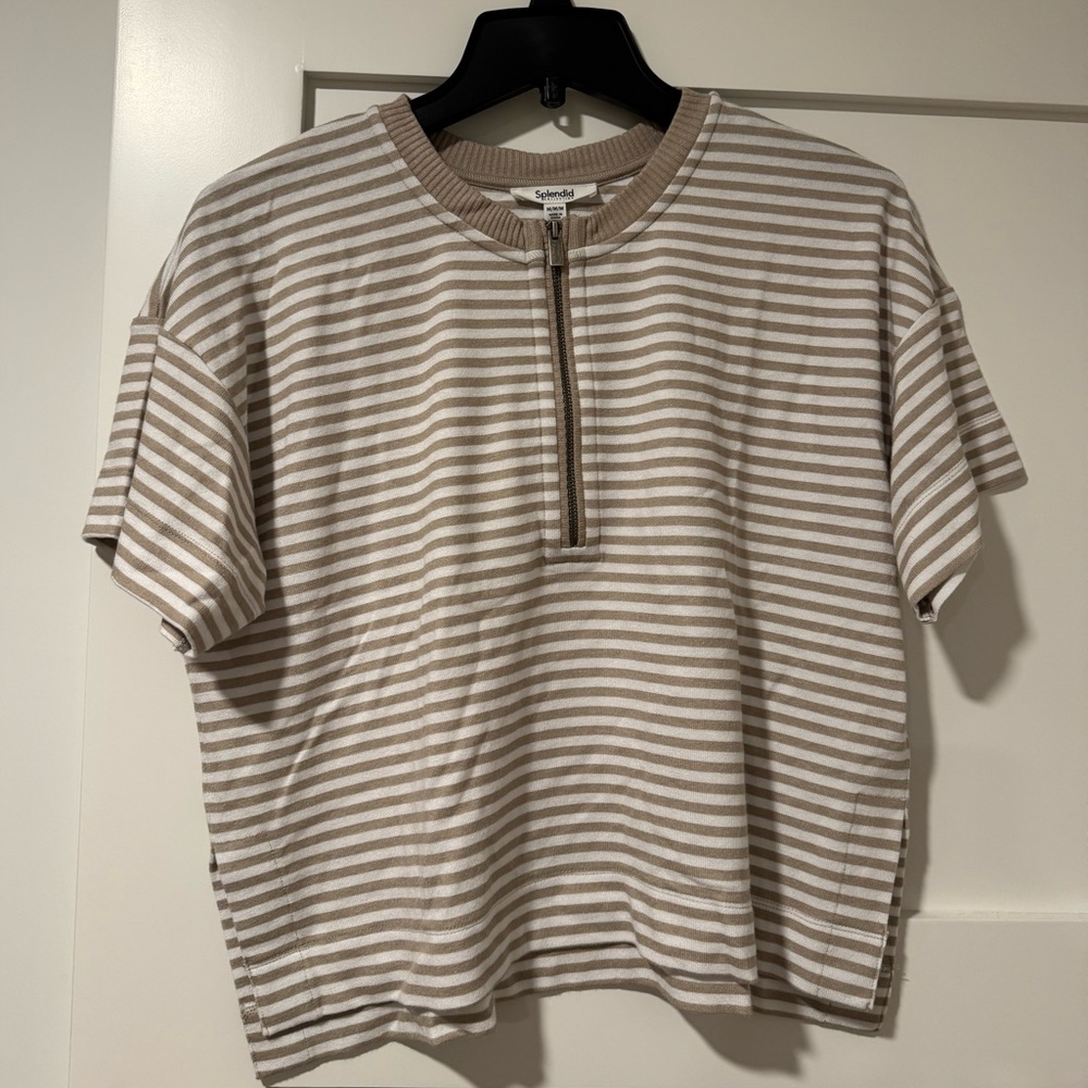 Splendid Brooke Beige and White Striped Zip Top